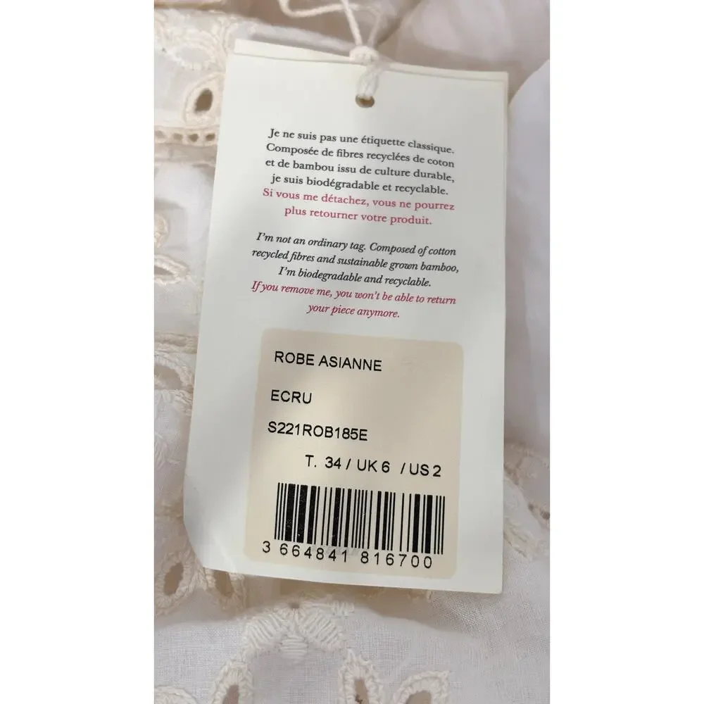 Sezane Robe Asianne Eyelet Mini Wrap Dress Womens Size 2 Ecru Cream New Flawed
